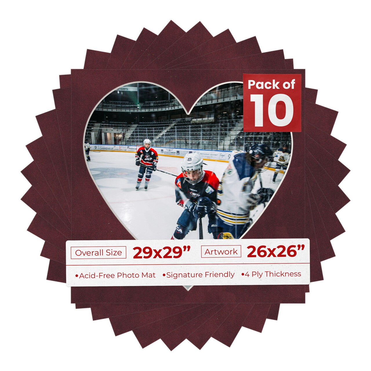 Dark Red Suede Mat Board for 29x29 Frames - Heart Opening for 26x26 Photos